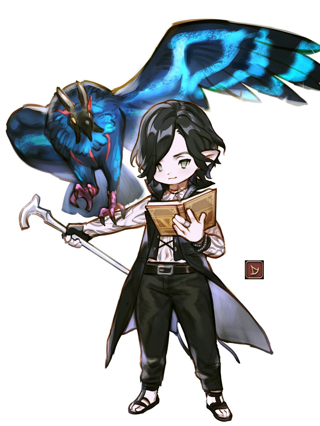 1boy alternate_universe black_hair book cane devil_may_cry_(series) devil_may_cry_5 final_fantasy final_fantasy_xiv full-body_tattoo griffon_(devil_may_cry_5) highres holding holding_cane lalafell monster sandals simple_background smile tattoo v_(devil_may_cry) wuliu_heihuo