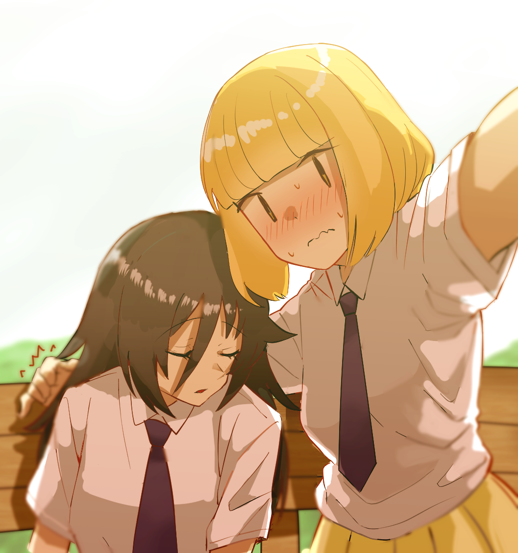 2girls bangs bench black_hair blonde_hair blunt_bangs blurry blush closed_eyes closed_mouth collared_shirt commentary_request depth_of_field hair_between_eyes hover_hand kotobuki_(stealth_sendan) kuroki_tomoko long_hair looking_at_viewer multiple_girls necktie nervous on_bench outdoors parted_lips pleated_skirt purple_necktie school_uniform shadow shiny shiny_hair shirt short_hair short_sleeves sitting_on_bench skirt sleeping sleeping_upright solid_oval_eyes sweat uchi_emiri watashi_ga_motenai_no_wa_dou_kangaetemo_omaera_ga_warui! wavy_mouth white_shirt yellow_skirt yuri