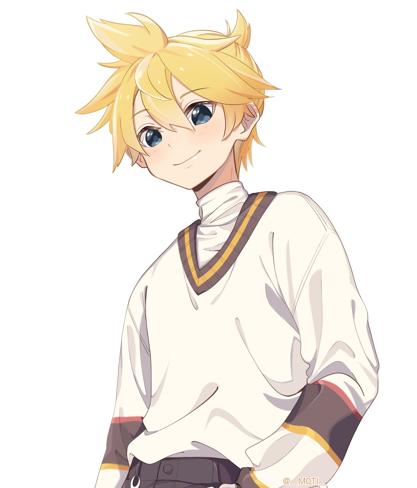 1boy blonde_hair blue_eyes commentary highres kagamine_len layered_clothes light_blush looking_at_viewer m0ti male_focus short_ponytail simple_background smile solo spiky_hair sweater turtleneck upper_body vocaloid white_background white_sweater