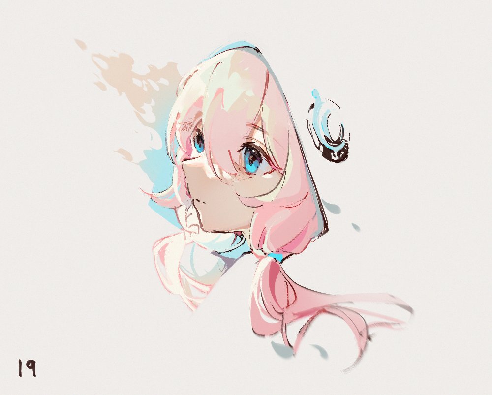 1girl arknights bangs blue_eyes blue_poison_(arknights) closed_mouth dailybloopy hair_between_eyes hood hood_up long_hair looking_afar looking_away low_twintails pink_hair portrait simple_background solo twintails white_background