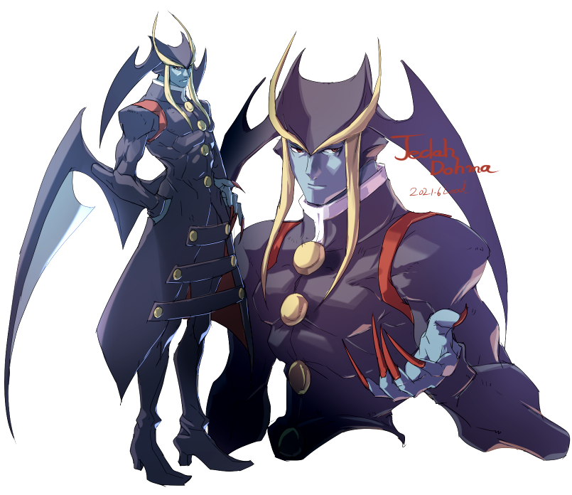 1boy abs blue_skin character_name closed_mouth coat collarbone colored_skin covered_abs covered_collarbone dated demon_wings fingernails hand_in_pocket hand_on_hip head_wings jedah_dohma long_fingernails low_wings male_focus multiple_views osanpogakari purple_coat red_eyes sharp_fingernails standing turtleneck vampire_(game) very_long_fingernails wings