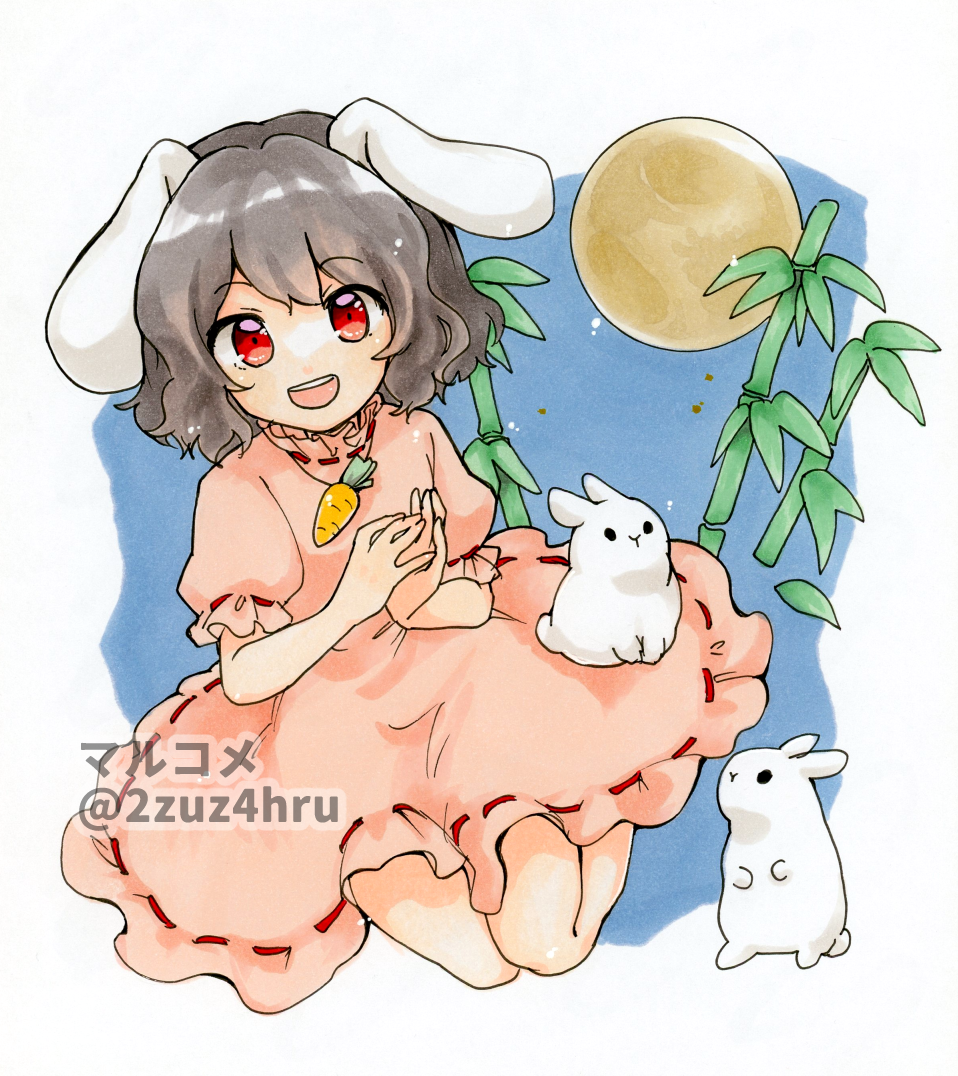 1girl 2zuz4hru animal_ears bamboo bangs black_hair carrot_necklace commentary_request dress floppy_ears frilled_sleeves frills full_body full_moon inaba_tewi looking_at_viewer marker_(medium) moon open_mouth pink_dress puffy_short_sleeves puffy_sleeves rabbit rabbit_ears rabbit_girl red_eyes ribbon-trimmed_dress short_hair short_sleeves smile solo touhou traditional_media watermark wavy_hair