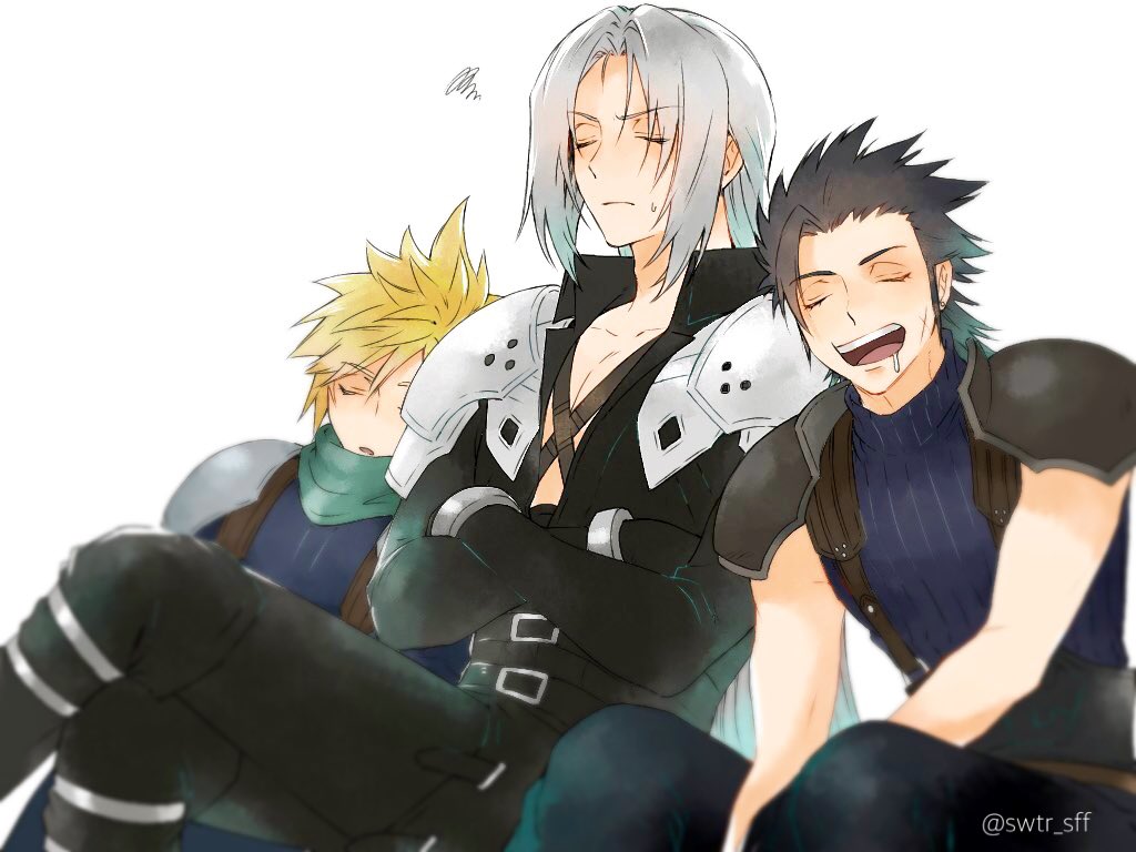 3boys 3wa_tari armor bangs belt black_gloves black_hair black_jacket black_pants blonde_hair blue_shirt chest_strap closed_eyes closed_mouth cloud_strife crisis_core_final_fantasy_vii crossed_arms final_fantasy final_fantasy_vii gloves green_neckerchief grey_hair hair_slicked_back jacket leaning_on_person multiple_boys neckerchief open_mouth pants parted_bangs parted_lips saliva scar scar_on_cheek scar_on_face sephiroth shirt shoulder_armor spiky_hair suspenders sweatdrop teeth upper_body upper_teeth white_background zack_fair