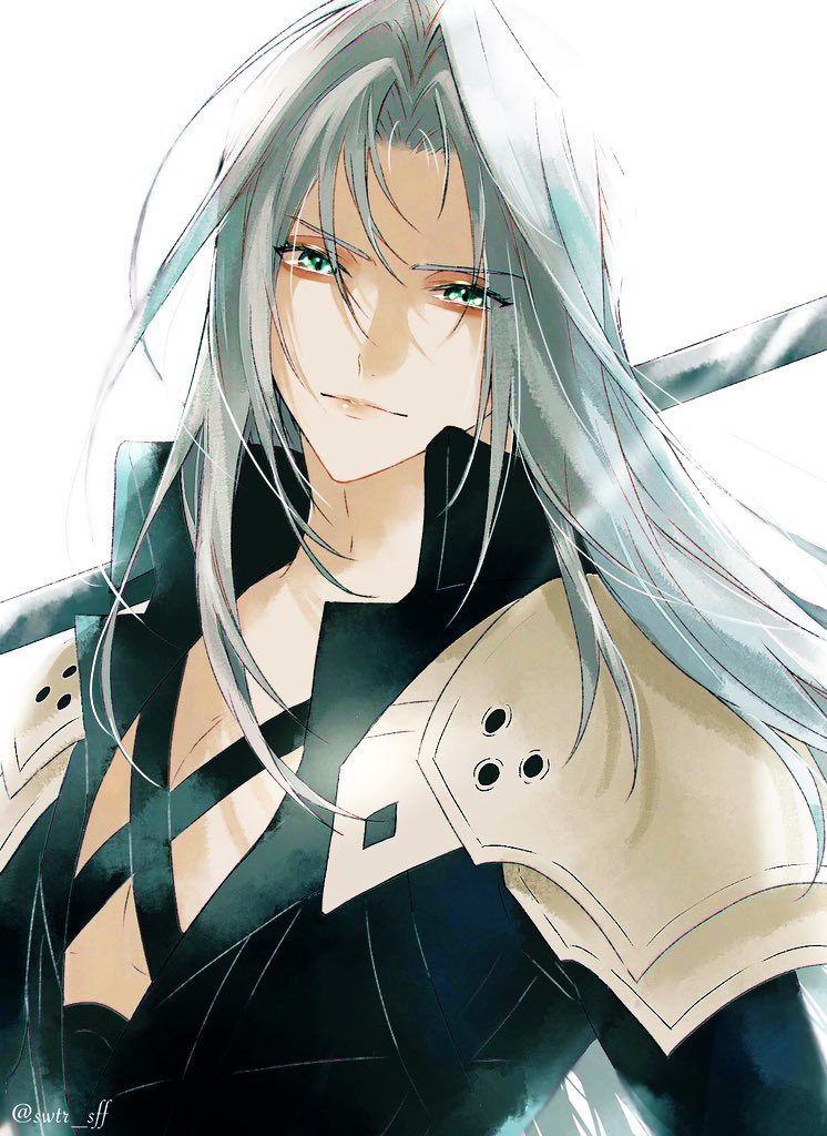 1boy 3wa_tari aqua_eyes armor bangs black_jacket chest_strap final_fantasy final_fantasy_vii grey_hair jacket long_hair looking_at_viewer masamune_(ff7) over_shoulder parted_bangs pectorals sephiroth shoulder_armor solo straight_hair upper_body weapon weapon_over_shoulder white_background