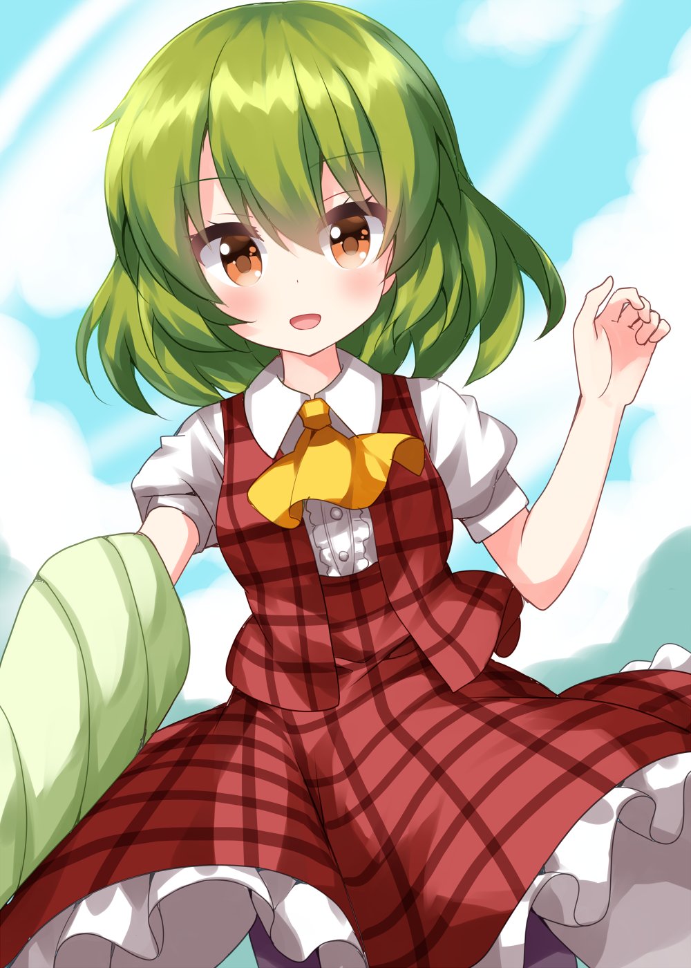 1girl ascot bangs black_legwear center_frills closed_umbrella clouds cloudy_sky collared_shirt commentary_request cowboy_shot frilled_skirt frills green_hair happy highres holding holding_umbrella kazami_yuuka looking_at_viewer medium_hair one-hour_drawing_challenge open_mouth outdoors pantyhose plaid plaid_skirt plaid_vest puffy_short_sleeves puffy_sleeves red_skirt red_vest ruu_(tksymkw) shirt short_sleeves skirt sky solo touhou umbrella vest white_shirt yellow_ascot yellow_eyes