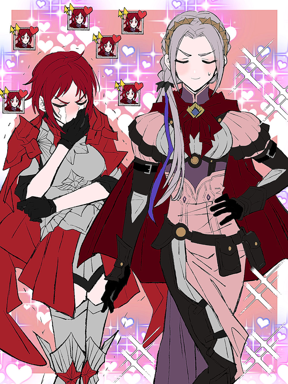 2girls armor armored_dress blush cape closed_eyes cosplay costume_switch covering_mouth crying edelgard_von_hresvelg fire_emblem fire_emblem:_three_houses fire_emblem_warriors:_three_hopes gameplay_mechanics gloves hairband hand_on_hip heart highres kusodekablack monica_von_ochs multiple_girls red_cape redhead smile so_moe_i'm_gonna_die! spiked_hairband spikes streaming_tears sweatdrop tears white_hair yuri