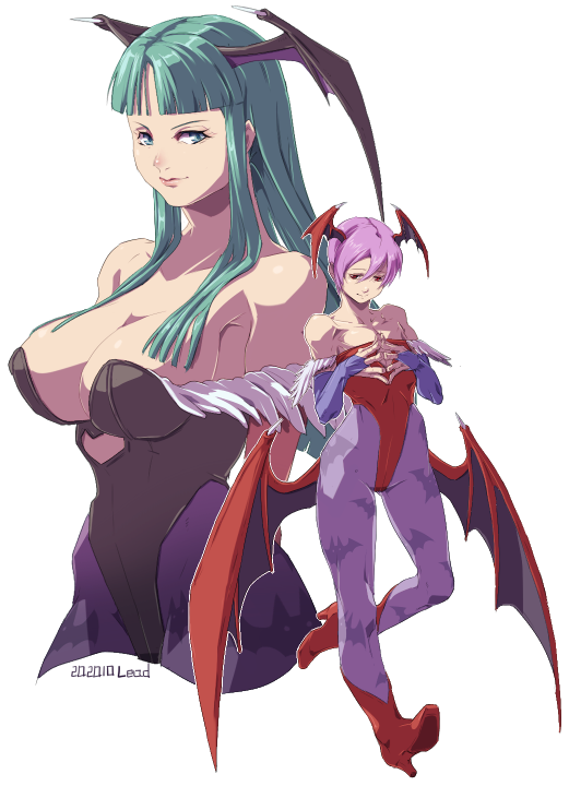 2girls animal_print bangs bare_shoulders bat_print blue_gloves blunt_bangs bridal_gauntlets brown_gloves closed_mouth clothing_cutout collarbone covered_nipples dated demon_wings elbow_gloves gloves green_eyes hair_between_eyes head_wings heart heart_cutout high_heels lilith_aensland long_hair low_wings morrigan_aensland multiple_girls off_shoulder osanpogakari own_hands_together pantyhose purple_hair red_eyes red_footwear short_hair simple_background smile vampire_(game) white_background wings