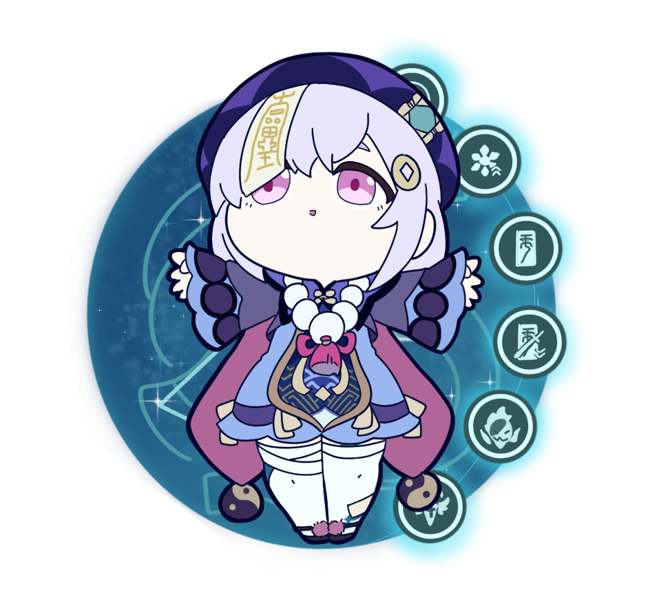 1girl bandaged_leg bandages black_footwear blue_dress blue_jacket chibi commentary_request cropped_jacket dress eyebrows_behind_hair full_body genshin_impact hair_ornament hat jacket long_sleeves nyaru_(nyaru_4126) ofuda outstretched_arms parted_lips purple_hair purple_headwear qing_guanmao qiqi_(genshin_impact) shoes sleeves_past_wrists solo spread_arms symbol thick_eyebrows thigh-highs violet_eyes white_legwear wide_sleeves yin_yang