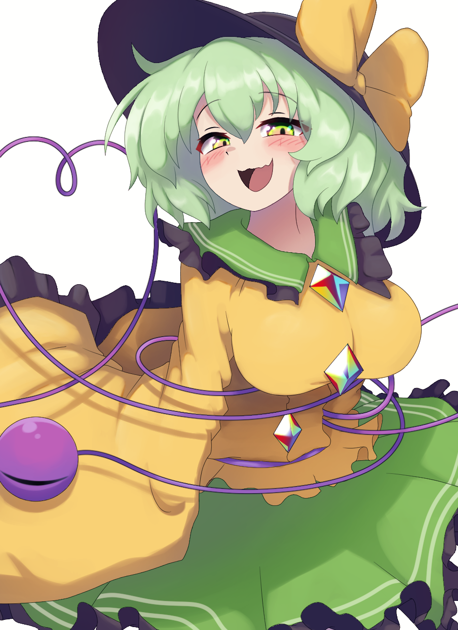 1girl black_headwear blush bow breasts green_eyes green_hair green_skirt half-closed_eyes hat hat_bow heart heart_of_string highres komeiji_koishi large_breasts long_sleeves open_mouth polyhedron2 shirt short_hair simple_background skirt smile solo third_eye touhou white_background wide_sleeves yellow_bow yellow_shirt