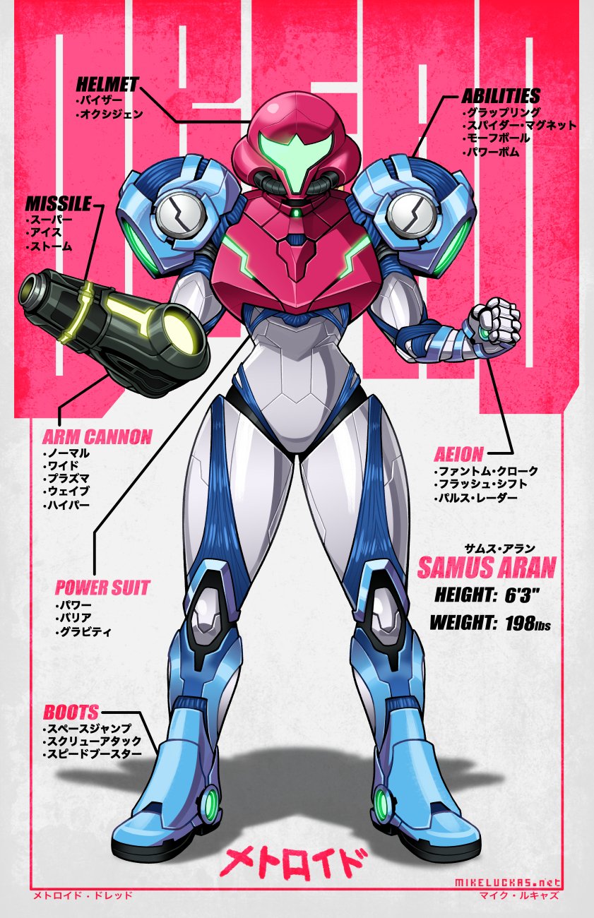 1girl arm_cannon character_profile clenched_hand crop_top derivative_work english_text full_body height helmet highres looking_at_viewer measurements metroid metroid_dread mike_luckas samus_aran solo standing toned translation_request weapon weight x-ray