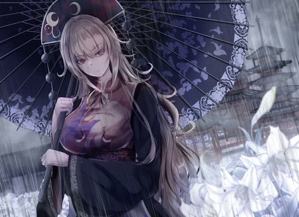 1girl bangs black_headwear breasts chinese_clothes closed_mouth crescent eyes_visible_through_hair hair_between_eyes hands_up hat junko_(touhou) large_breasts long_hair looking_at_viewer niradama_(nira2ratama) phoenix_crown pom_pom_(clothes) solo standing touhou umbrella