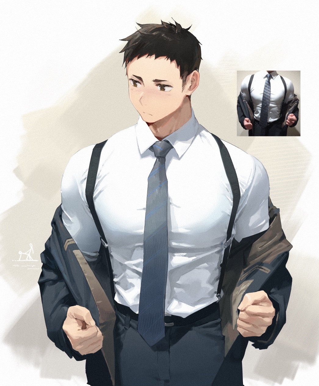 1boy black_hair black_jacket black_pants brown_eyes closed_mouth haikyuu!! highres jacket kagura_tohru large_pectorals male_focus muscular muscular_male necktie off_shoulder open_clothes open_jacket pants pectorals reference_photo sawamura_daichi shirt short_hair simple_background solo suspenders white_shirt