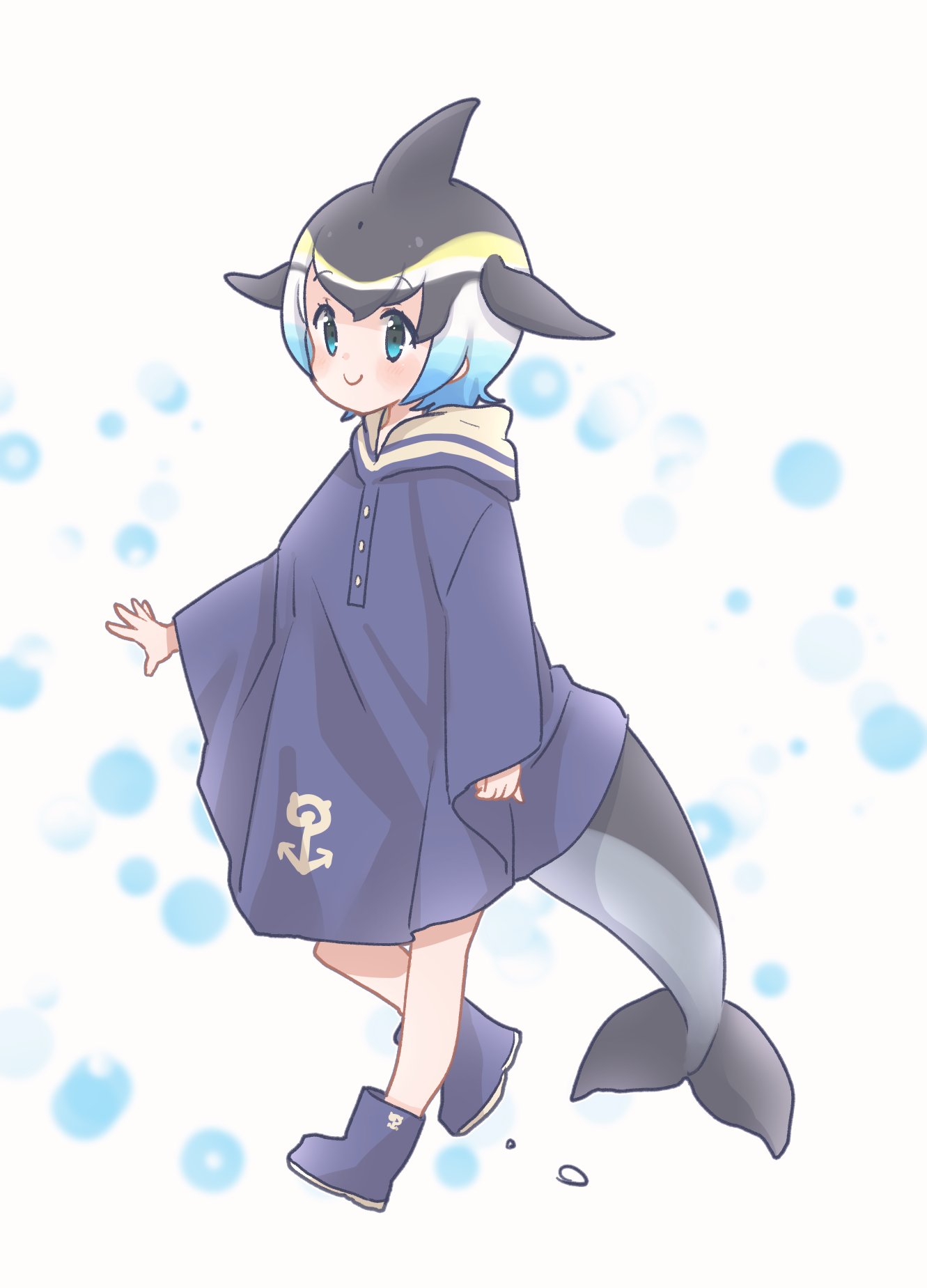 1girl alternate_costume black_hair blonde_hair blowhole blue_eyes blue_footwear blue_hair blush boots cetacean_tail commentary_request common_dolphin_(kemono_friends) dolphin_girl dorsal_fin full_body highres kemono_friends kuromitsu_(9633_kmfr) long_sleeves multicolored_hair rain_poncho rubber_boots sailor_collar short_hair smile solo