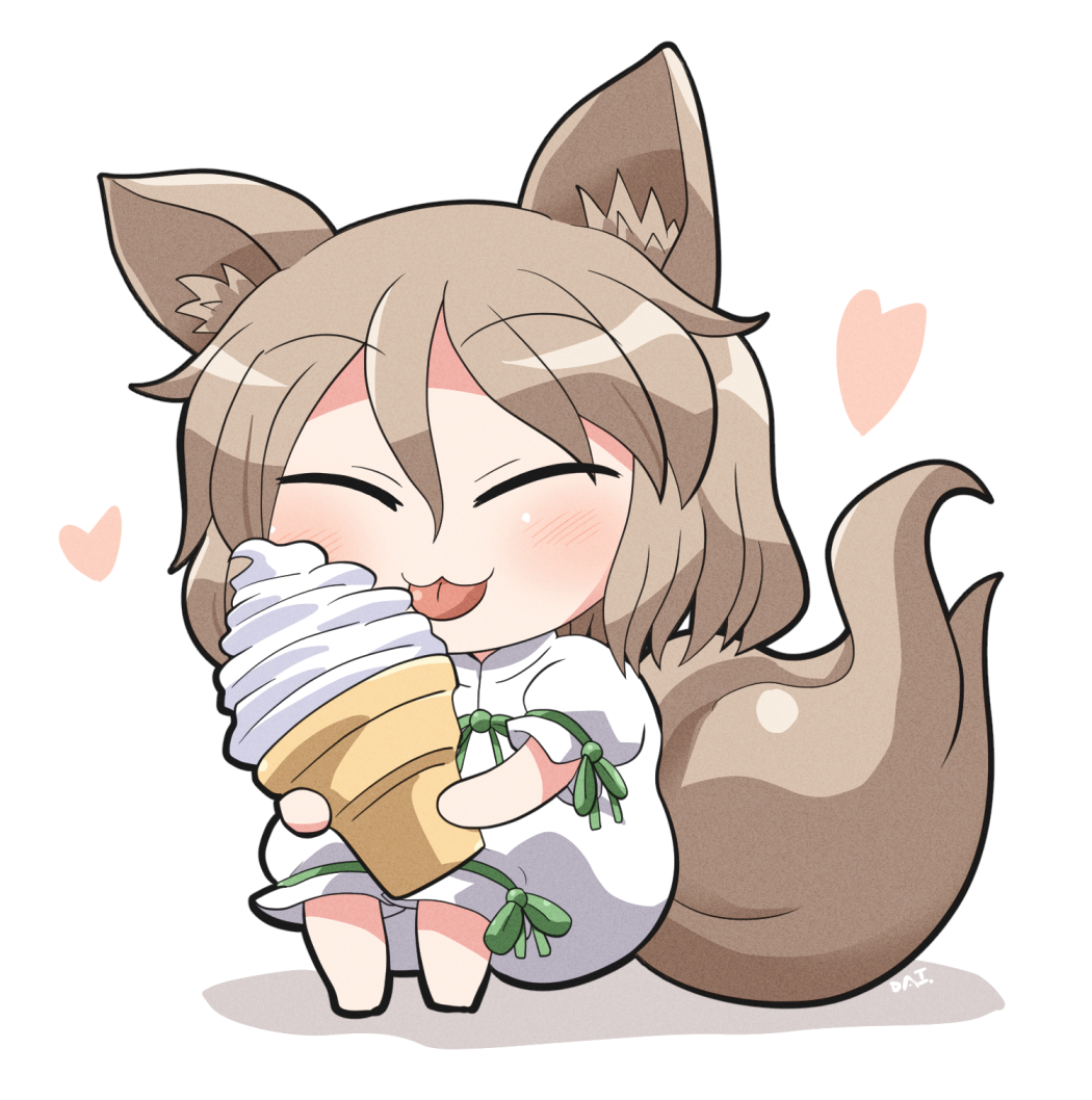 1girl animal_ears barefoot blush closed_eyes closed_mouth food fox_ears fox_tail green_ribbon hair_between_eyes heart holding holding_food ice_cream kudamaki_tsukasa light_brown_hair ribbon rokugou_daisuke romper short_hair short_sleeves signature smile solo tail tongue tongue_out touhou white_romper