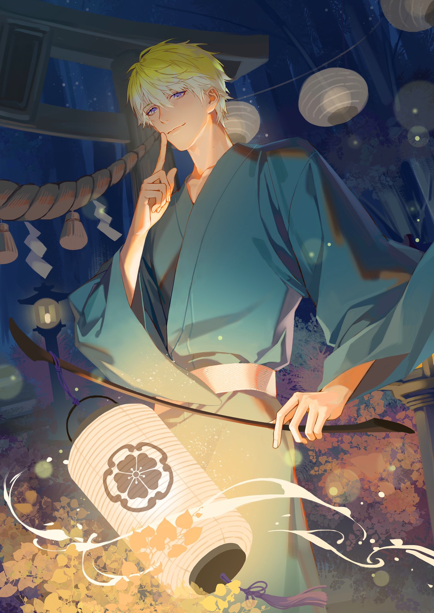 1boy achichi_ovo aqua_kimono blonde_hair blue_eyes finger_to_mouth highres holding holding_lantern japanese_clothes kimono lantern long_sleeves looking_at_viewer male_focus night nijisanji nijisanji_en paper_lantern short_hair shushing smile sonny_brisko tassel torii virtual_youtuber wide_sleeves