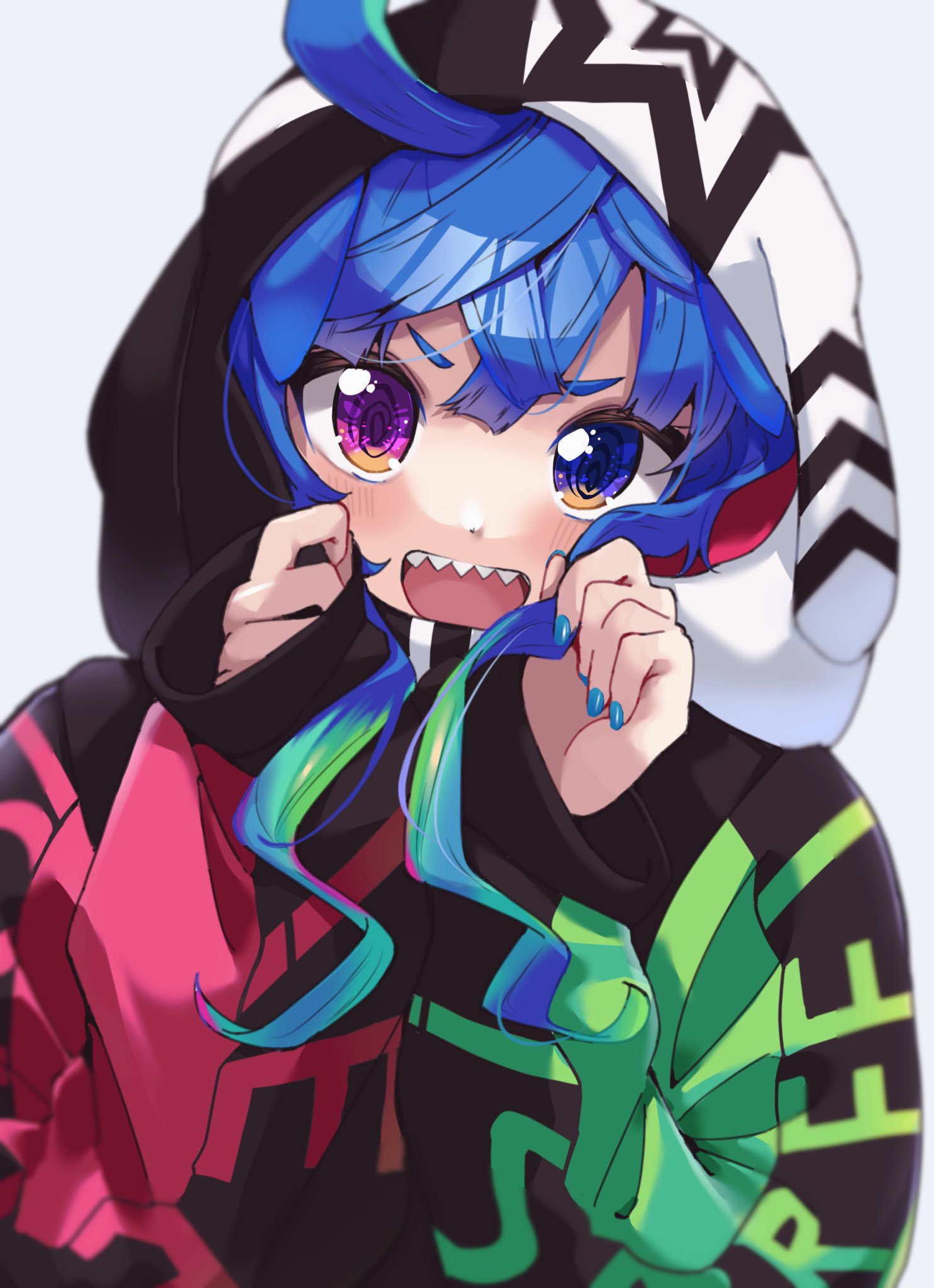 1girl @_@ ahoge animal_hood bangs blue_eyes blue_hair blue_nails blurry blush crossed_bangs depth_of_field grey_background hands_up highres hood hood_up hoodie long_hair open_mouth purple_shirt sharp_teeth shirt simple_background sleeves_past_wrists solo teeth twin_turbo_(umamusume) umamusume upper_body upper_teeth zono_(inokura_syuzo029)