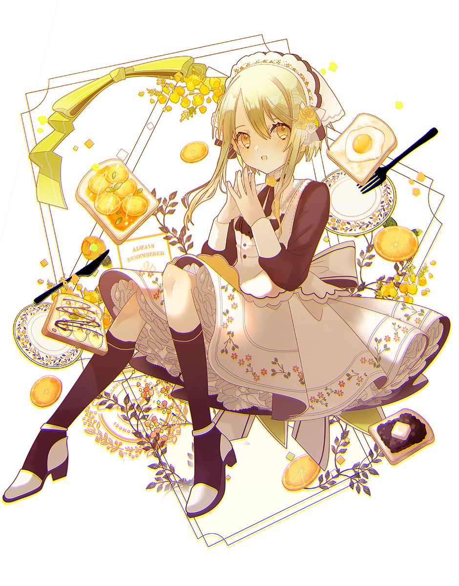 1girl :d bangs black_legwear black_shirt blush bow commentary_request dress english_text eyebrows_behind_hair fork fried_egg fried_egg_on_toast full_body green_hair hair_between_eyes high_heels highres knife long_hair long_sleeves original plate pleated_dress revision shirt shoes sleeveless sleeveless_dress smile socks solo steepled_fingers striped striped_bow white_background white_dress white_footwear yellow_bow yellow_eyes yuzuyomogi