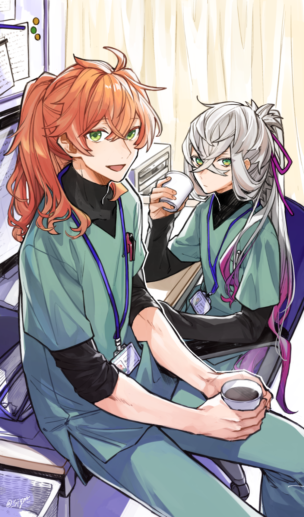 2boys alternate_costume artist_name asclepius_(fate) bangs binder chair coffee collarbone crossed_bangs cup curtains desk disposable_cup fate/grand_order fate_(series) gradient_hair green_pants green_shirt hair_between_eyes hair_ribbon highres holding holding_cup hospital id_card indoors lanyard long_hair looking_at_viewer male_focus medical_scrubs monitor multicolored_hair multiple_boys office_chair on_desk pants ponytail purple_hair purple_ribbon ribbon romani_archaman shirt short_sleeves sigm sitting sitting_on_desk sleeves_rolled_up twitter_username two-tone_hair undershirt very_long_hair white_background