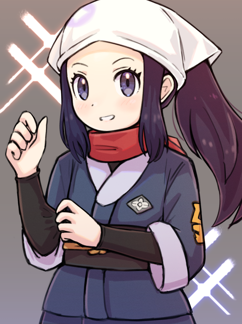 1girl akari_(pokemon) black_hair black_sash black_shirt blush commentary_request eyelashes grey_background grey_eyes grey_jacket grey_skirt head_scarf highres jacket kutabireta_neko logo long_hair parted_lips pokemon pokemon_(game) pokemon_legends:_arceus ponytail red_scarf sash scarf shirt shirt_tug sidelocks skirt smile solo white_headwear