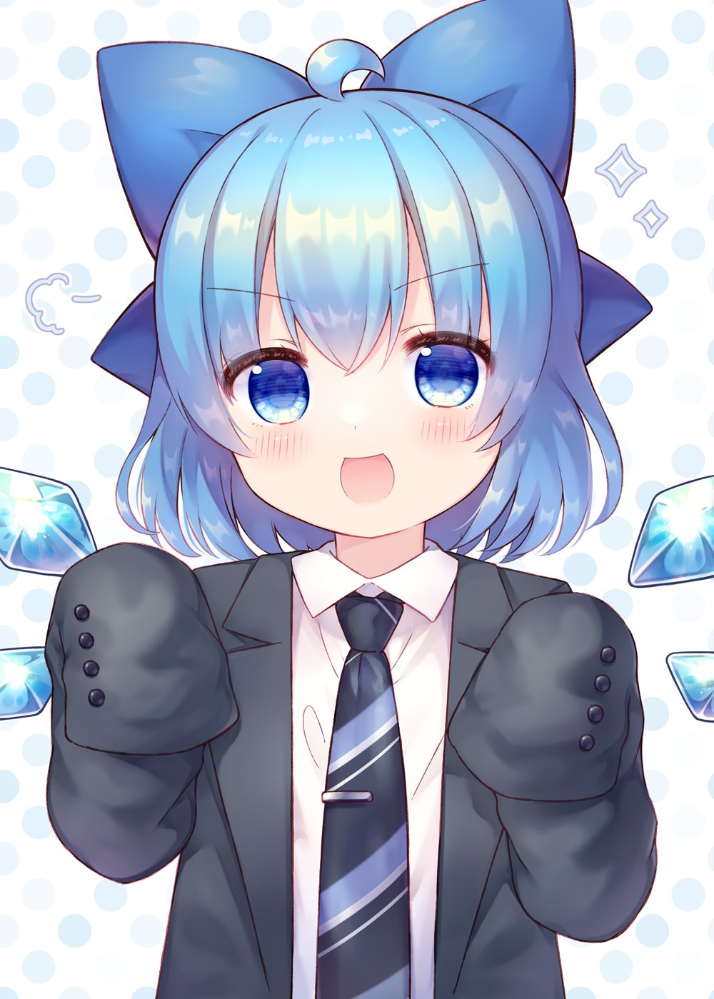 1girl blue_bow blue_eyes blue_hair blush bow cirno detached_wings fairy fairy_wings hair_between_eyes hair_bow highres open_mouth pjrmhm_coa short_hair smile solo touhou wings