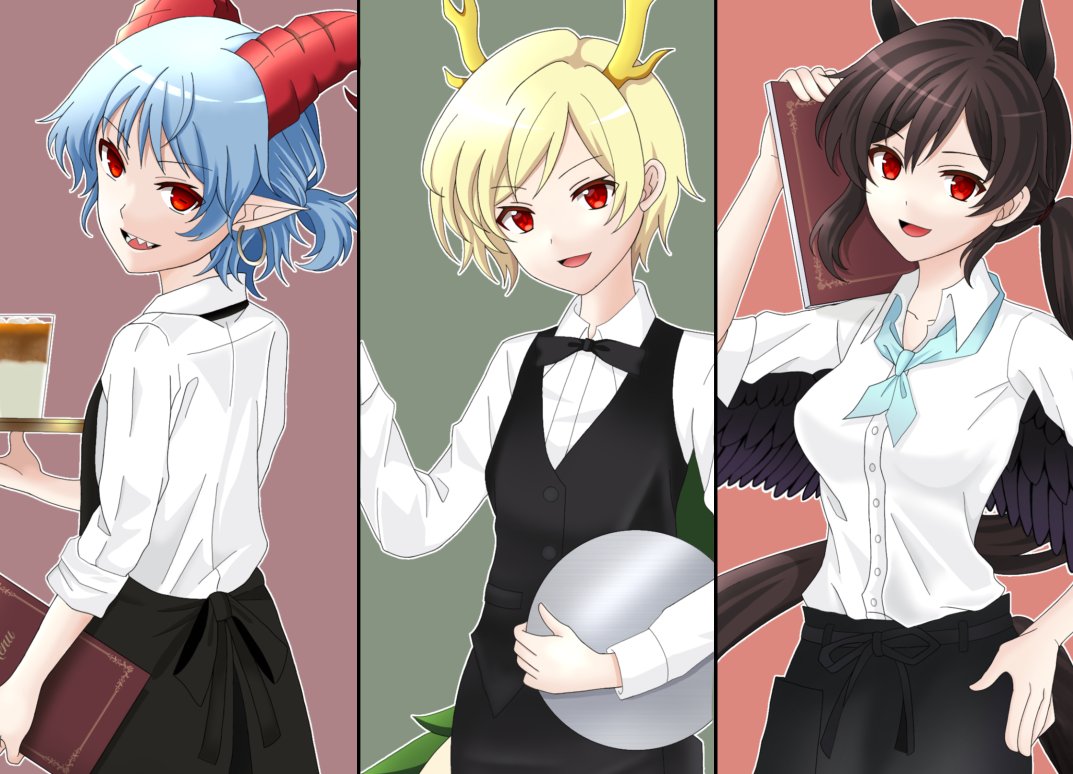 3girls alternate_costume alternate_hairstyle animal_ears antlers apron arm_up back back_bow bangs belt black_apron black_belt black_border black_bow black_hair black_skirt black_vest blonde_hair blue_hair blue_ribbon book border bow breasts brown_background buttons coffee collarbone collared_shirt commentary_request drink earrings eyes_visible_through_hair from_behind glass green_background hair_between_eyes hand_on_hip hand_up hands_up horse horse_ears horse_tail ice jewelry kicchou_yachie kurokoma_saki long_hair long_sleeves looking_at_viewer looking_back medium_breasts menu multiple_girls neck_ribbon no_hat no_headwear oni_tama open_mouth pointy_ears ponytail red_eyes ribbon sharp_teeth shirt short_hair short_ponytail simple_background skirt smile standing tail teeth tongue touhou toutetsu_yuuma tray vest white_shirt wings