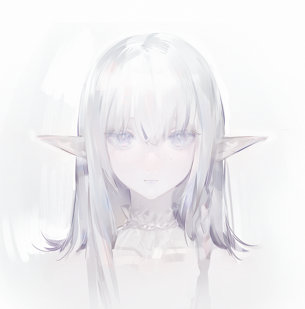 1girl bangs closed_mouth collar commentary grey_eyes grey_hair hair_between_eyes long_hair looking_at_viewer original pale_skin pointy_ears simple_background solo white_background yyb