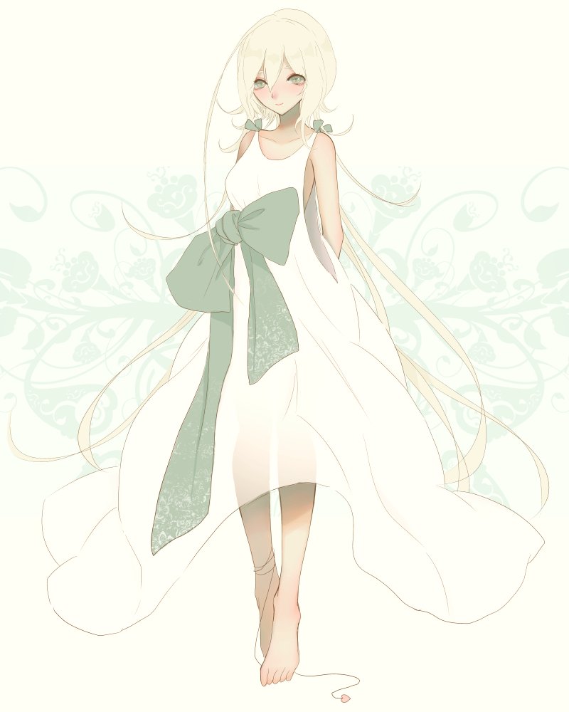 1girl barefoot bow closed_eyes closed_mouth collarbone dress itsuki_dorothy long_hair looking_at_viewer nier nier_(series) see-through smile solo waist_bow white_dress white_hair yonah