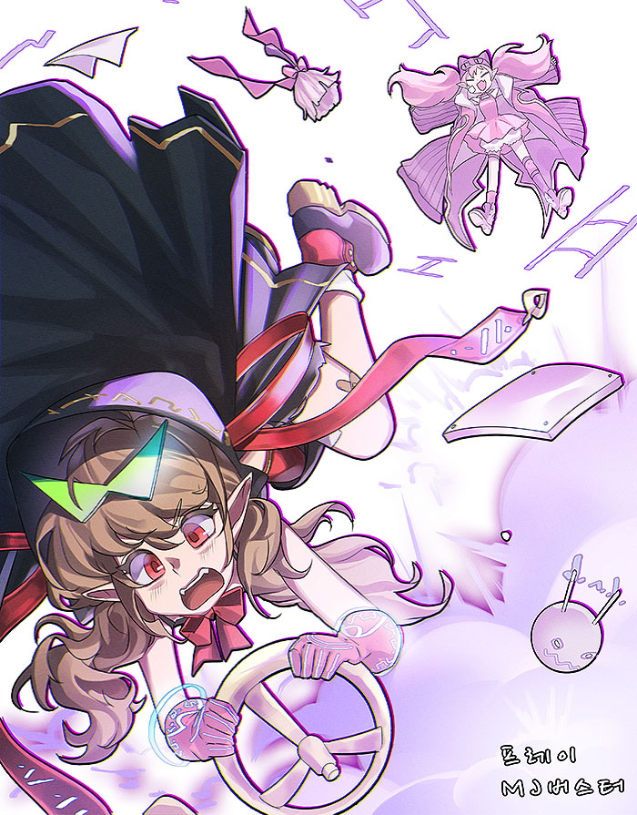 2girls bandaid bandaid_on_leg black_cloak boots brown_hair cloak dungeon_and_fighter falling glasses gloves ikki_the_vikki kasy mage_(dungeon_and_fighter) multiple_girls open_mouth red_gloves short_twintails shorts teeth twintails wheel white_background witch_(dungeon_and_fighter)