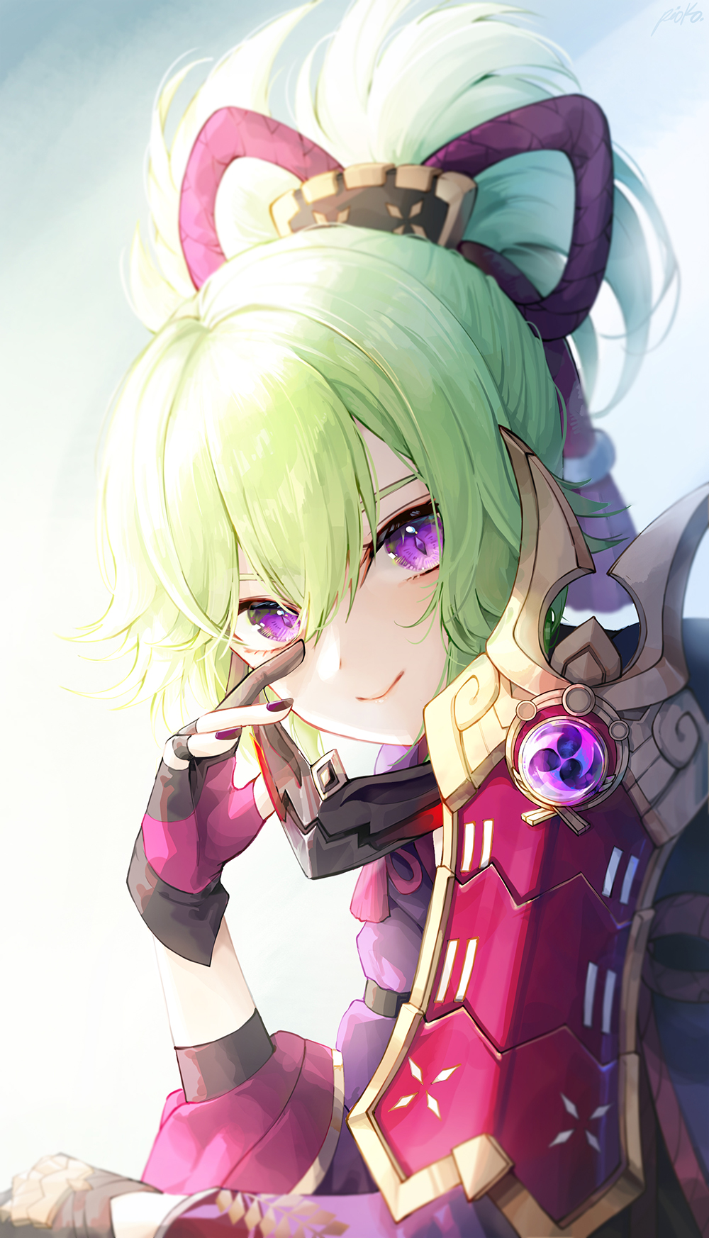 1girl armor black_gloves closed_mouth fingerless_gloves genshin_impact gloves green_hair hair_between_eyes hair_ornament highres kuki_shinobu looking_at_viewer multicolored_clothes multicolored_gloves nail_polish pistachiocream ponytail purple_gloves purple_nails smile solo upper_body violet_eyes