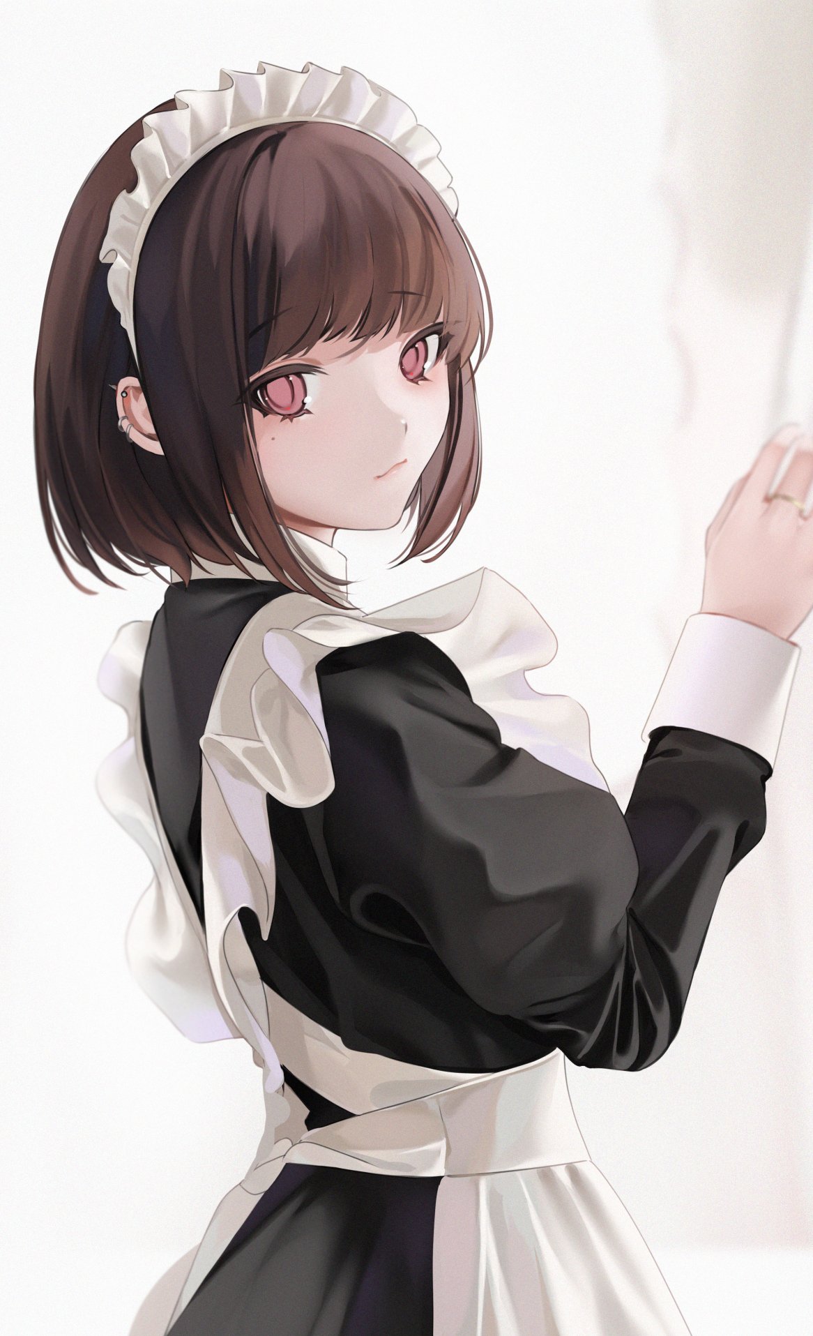 1girl apron black_dress brown_hair commentary dress ear_piercing frills hands_up highres jewelry lips long_sleeves looking_at_viewer maid maid_headdress mole mole_under_eye ompf original piercing pink_eyes puffy_sleeves ring short_hair sleeve_cuffs solo