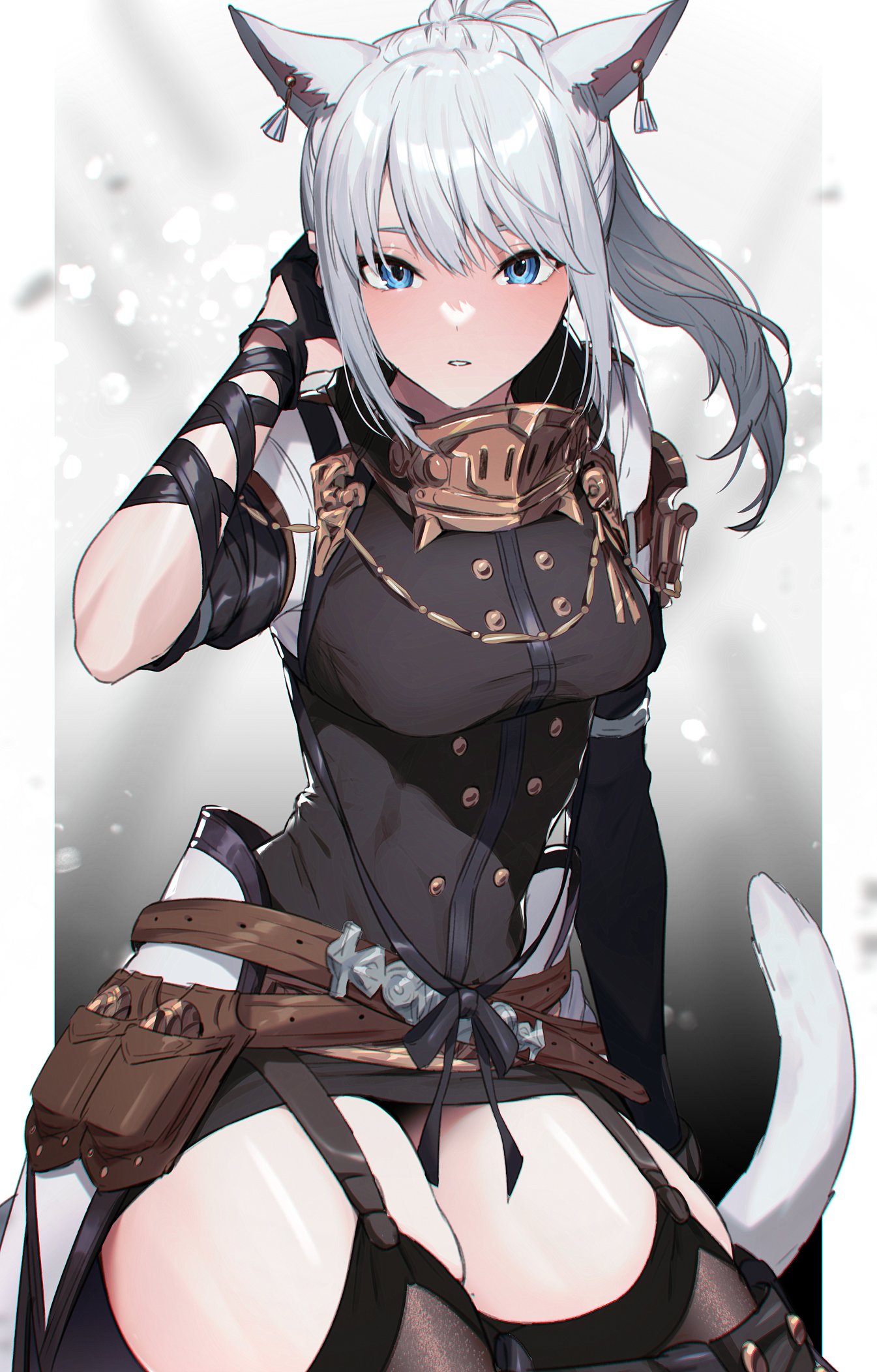 1girl animal_ears avatar_(ff14) belt black_legwear blue_eyes blush breasts cat_ears cat_tail earrings elbow_gloves final_fantasy final_fantasy_xiv gloves gorget gradient gradient_background hand_on_own_face highres jewelry medium_breasts miqo'te ponytail solo tail thighs wakahiko white_hair