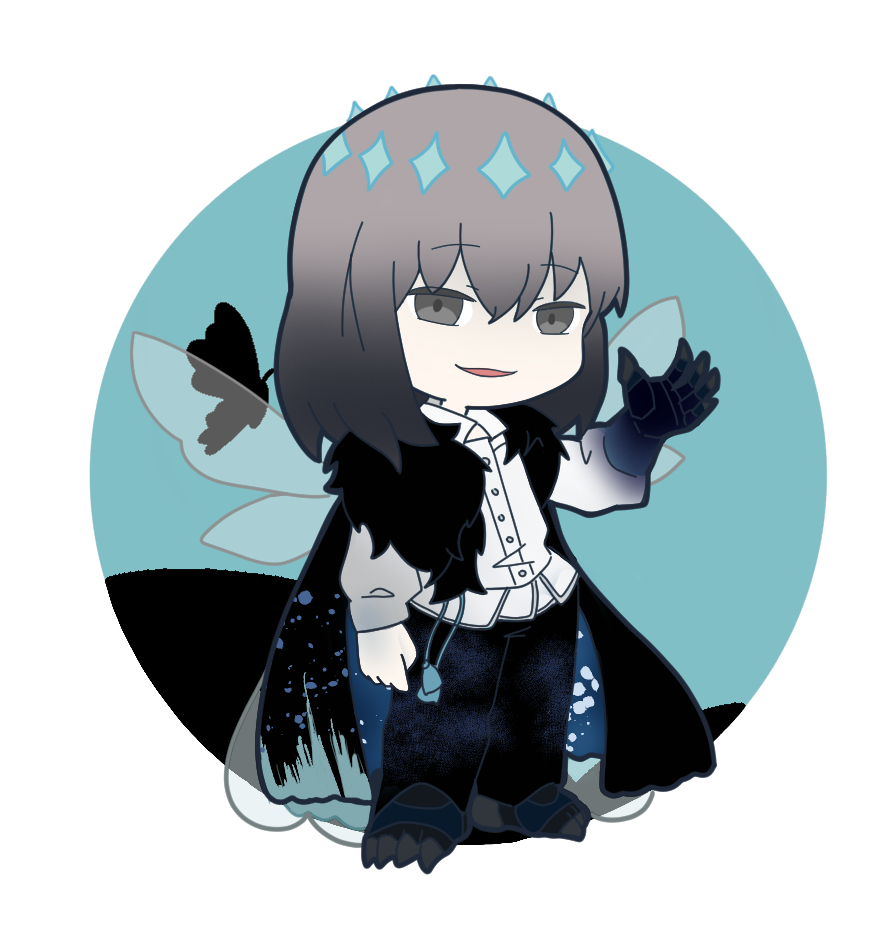 1boy bangs black_cloak black_pants blue_background chibi cloak collared_shirt dress_shirt fate/grand_order fate_(series) full_body fur-trimmed_cloak fur_trim grey_eyes grey_hair hair_between_eyes insect_wings male_focus nyaru_(nyaru_4126) oberon_(fate) pants parted_lips shirt smile solo spoilers transparent_wings two-tone_background white_background white_shirt wings