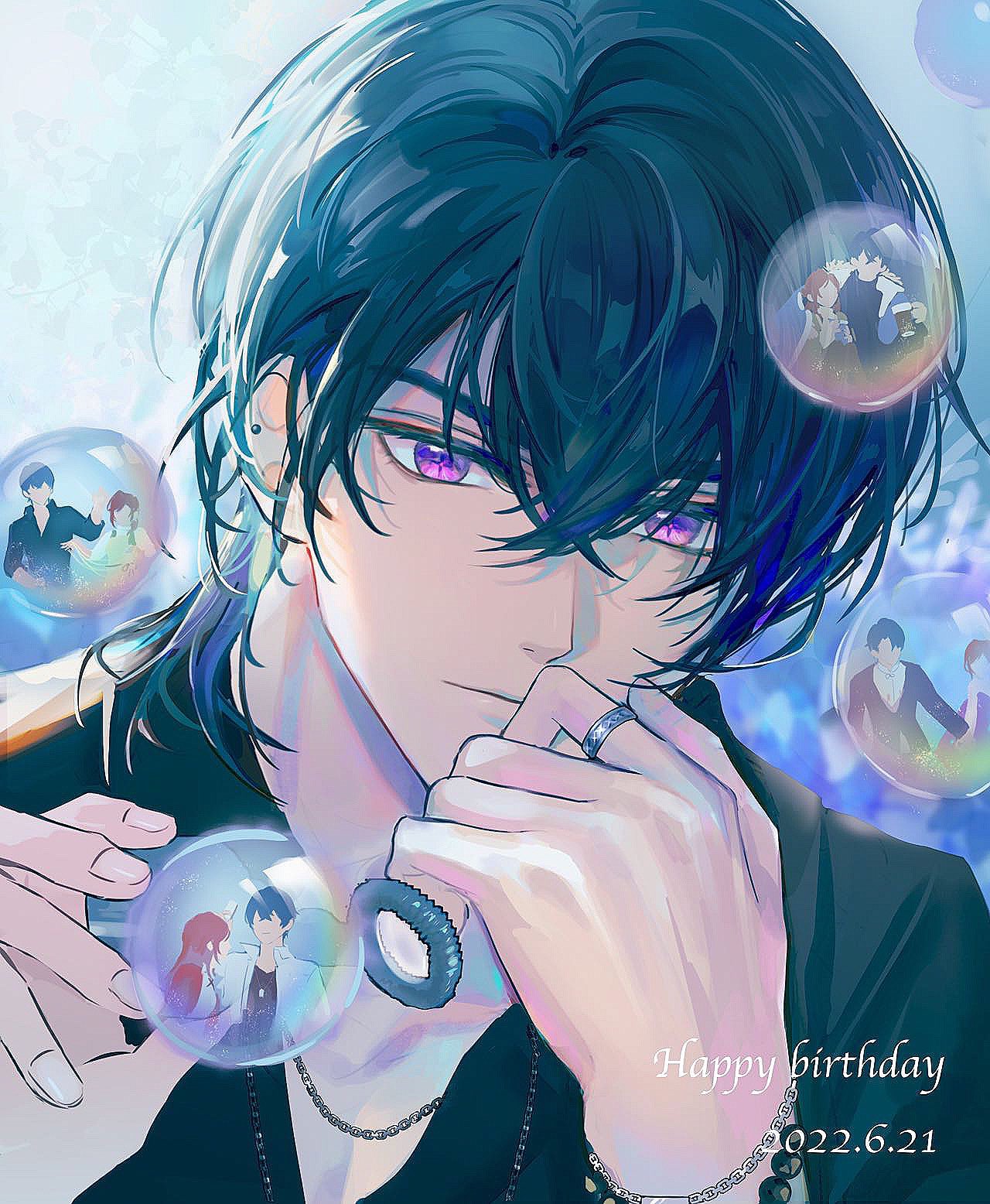 1boy bangs bead_bracelet beads black_hair black_shirt bracelet bubble bubble_pipe collarbone collared_shirt crossed_bangs crosshair_pupils dated english_text facing_viewer hair_over_eyes hand_on_own_chin hands_up happy_birthday head_rest highres jewelry laoyepo looking_at_object male_focus marius_von_hagen_(tears_of_themis) necklace partially_unbuttoned ring rosa_(tears_of_themis) shirt short_hair_with_long_locks sidelocks solo tears_of_themis upper_body violet_eyes