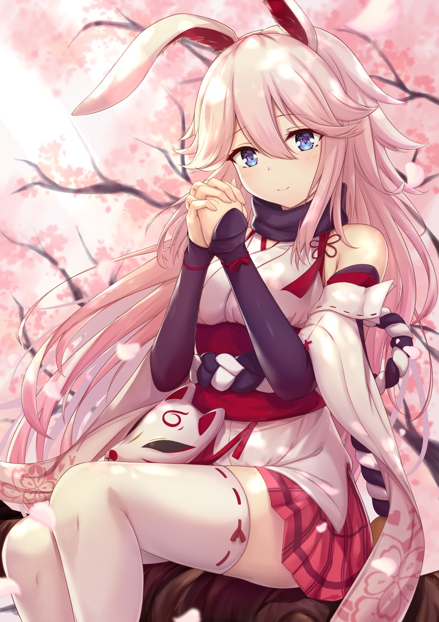 1girl animal_ears artist_request bangs cherry_blossoms closed_mouth fox_ears fox_mask highres honkai_(series) honkai_impact_3rd in_tree japanese_clothes long_hair looking_at_viewer mask miko official_art outdoors own_hands_together petals pink_hair pink_skirt sitting sitting_in_tree skirt smile solo thigh-highs tree violet_eyes white_legwear white_sleeves yae_sakura yae_sakura_(gyakushinn_miko)