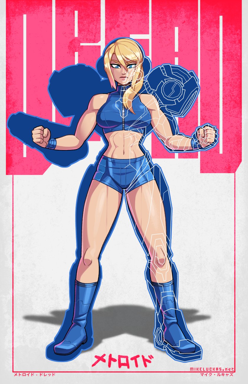 1girl abs arm_cannon biceps blonde_hair blue_eyes blue_footwear blue_shorts boots character_profile clenched_hand crop_top derivative_work english_text full_body height helmet highres looking_at_viewer measurements metroid metroid_dread mike_luckas samus_aran short_shorts shorts solo standing toned translation_request weapon weight x-ray