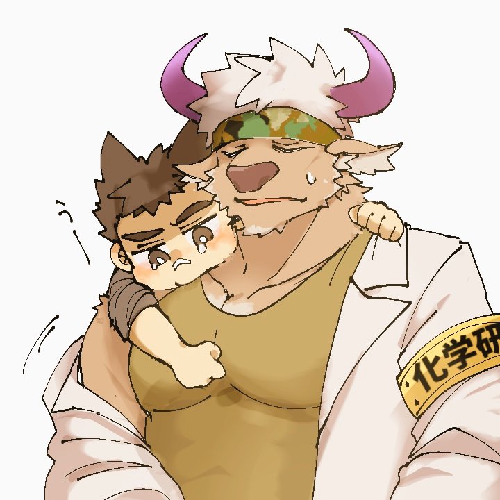 2boys animal_ears armband brown_fur camouflage camouflage_headwear closed_eyes commentary_request cow_ears cow_horns facial_hair furry furry_male goatee green_tank_top headband horns jaggy_lines labcoat large_pectorals male_focus master_1_(housamo) mclw_suisei minotaur multiple_boys muscular muscular_male open_mouth pectorals purple_horns shennong_(housamo) short_hair sweatdrop tank_top tearing_up tokyo_afterschool_summoners upper_body white_background white_hair