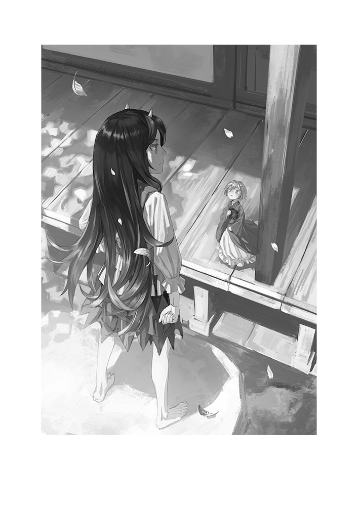 2girls barefoot door from_behind greyscale horns japanese_clothes kijin_seija kimono leaf long_hair monochrome multiple_girls short_hair size_difference sukuna_shinmyoumaru touhou yamamomo_(plank)