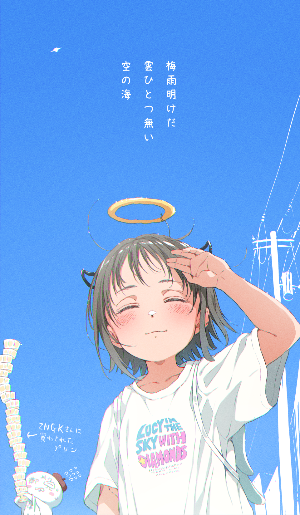 1boy 1girl ano_ko_wa_toshi_densetsu arm_up arrow_(symbol) bangs beret black_hair blue_sky blush brown_headwear closed_eyes closed_mouth clothes_writing collarbone commentary_request day english_text fake_halo fake_horns flying_sweatdrops gomennasai hat highres horns lucy_in_the_sky_with_diamonds outdoors power_lines shirt short_sleeves sky smile tilted_headwear translation_request utility_pole white_shirt zangyaku-san