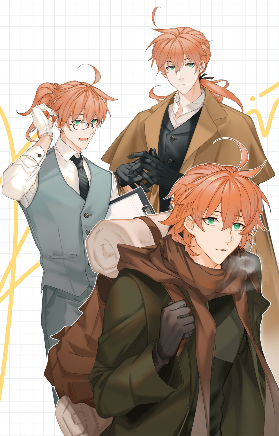 1boy ahoge alternate_costume arlizi backpack bag black_gloves black_necktie braid breath clipboard closed_mouth collared_shirt eyes_visible_through_hair fate/grand_order fate_(series) formal glasses gloves green_eyes grid_background hair_between_eyes highres holding_strap long_sleeves looking_at_viewer male_focus medium_hair multiple_views necktie official_alternate_hair_length official_alternate_hairstyle open_mouth orange_hair own_hands_together parted_lips ponytail romani_archaman scarf shirt short_hair simple_background suit vest white_background white_gloves white_shirt
