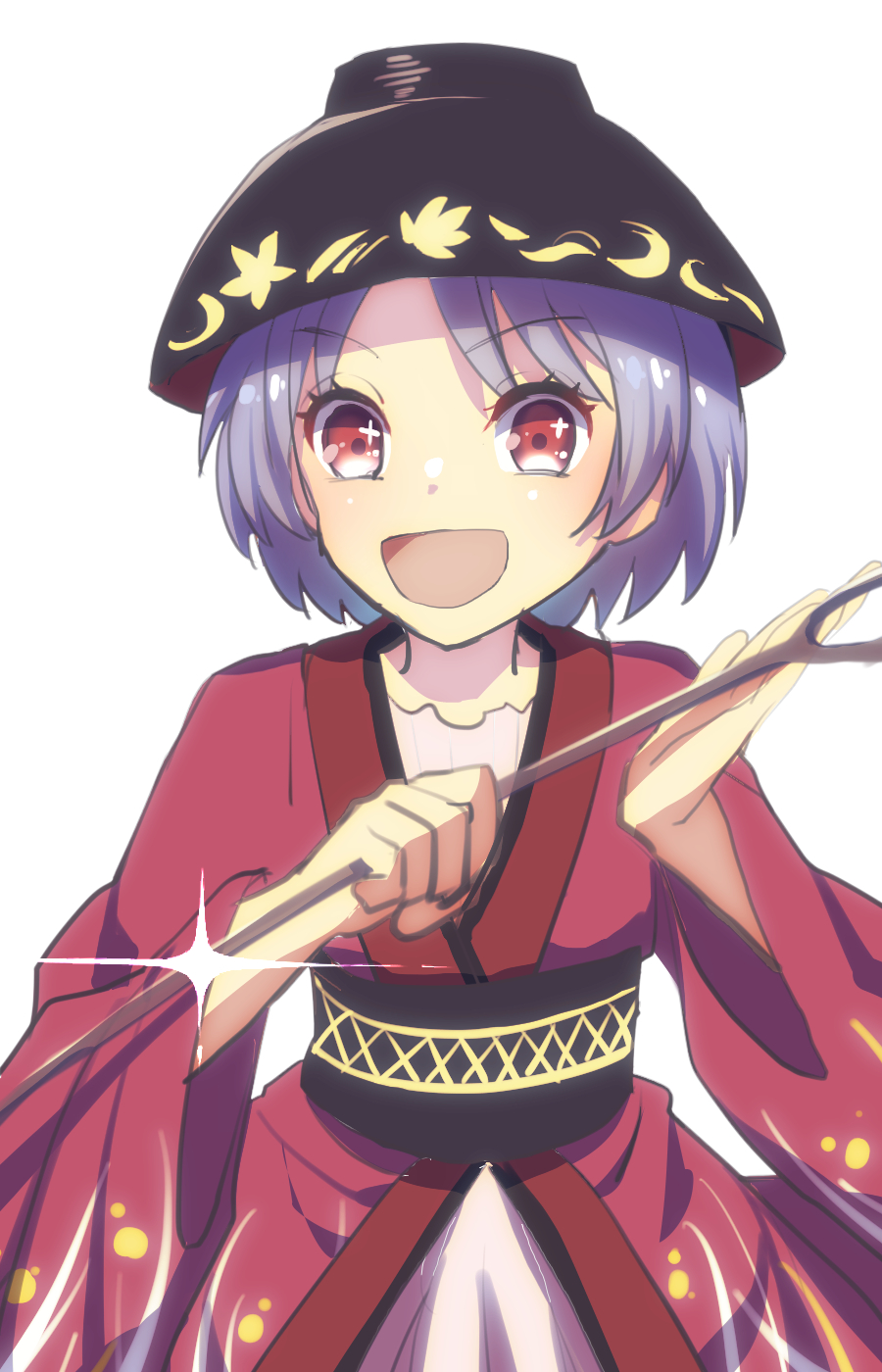 1girl :d bangs black_sash blush bowl bowl_hat commentary_request cowboy_shot flat_chest hat highres japanese_clothes kimono long_sleeves looking_at_viewer nayozane_(worker7) needle obi open_mouth purple_hair red_kimono sash sewing_needle short_hair simple_background smile solo sukuna_shinmyoumaru touhou white_background wide_sleeves