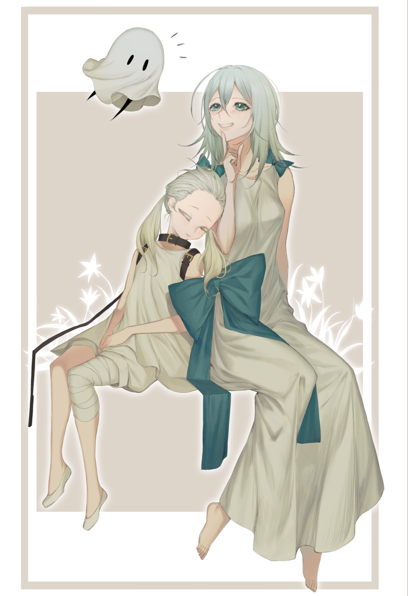 2girls bandaged_leg bandages barefoot black_collar breasts chocolate4170615 closed_mouth collar dress fio_(nier) full_body highres long_hair mama_(nier) multiple_girls nier nier_(series) nier_reincarnation sleeveless sleeveless_dress smile twintails white_dress white_hair yonah