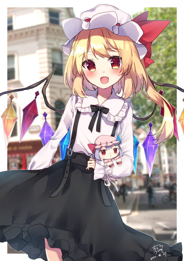 1girl alternate_costume alternate_hair_color bangs bicycle black_bow black_bowtie black_skirt blonde_hair blurry blurry_background blush blush_stickers border bow bowtie brown_eyes cafe character_doll chisiro_unya_(unya_draw) closed_mouth collared_shirt crystal doll dress fang flandre_scarlet frills ground_vehicle hand_up hat hat_ribbon house jewelry leaf long_sleeves looking_at_viewer looking_to_the_side mob_cap multicolored_wings one_side_up open_mouth outdoors outside_border pink_dress pink_headwear puffy_long_sleeves puffy_short_sleeves puffy_sleeves purple_hair red_eyes red_ribbon red_shirt remilia_scarlet ribbon road shirt shoes short_hair short_sleeves skirt smile solo standing street stuffed_toy tongue touhou toy tree white_border white_bow white_headwear white_shirt window wings wrist_cuffs yellow_eyes