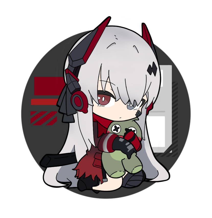 1girl bangs black_footwear black_gloves boots chibi closed_mouth commentary_request dress full_body gloves grey_eyes grey_hair hair_between_eyes headgear heterochromia long_hair long_sleeves lucia_(punishing:_gray_raven) nyaru_(nyaru_4126) object_hug punishing:_gray_raven red_dress red_eyes round_image solo stuffed_toy torn_clothes very_long_hair white_background