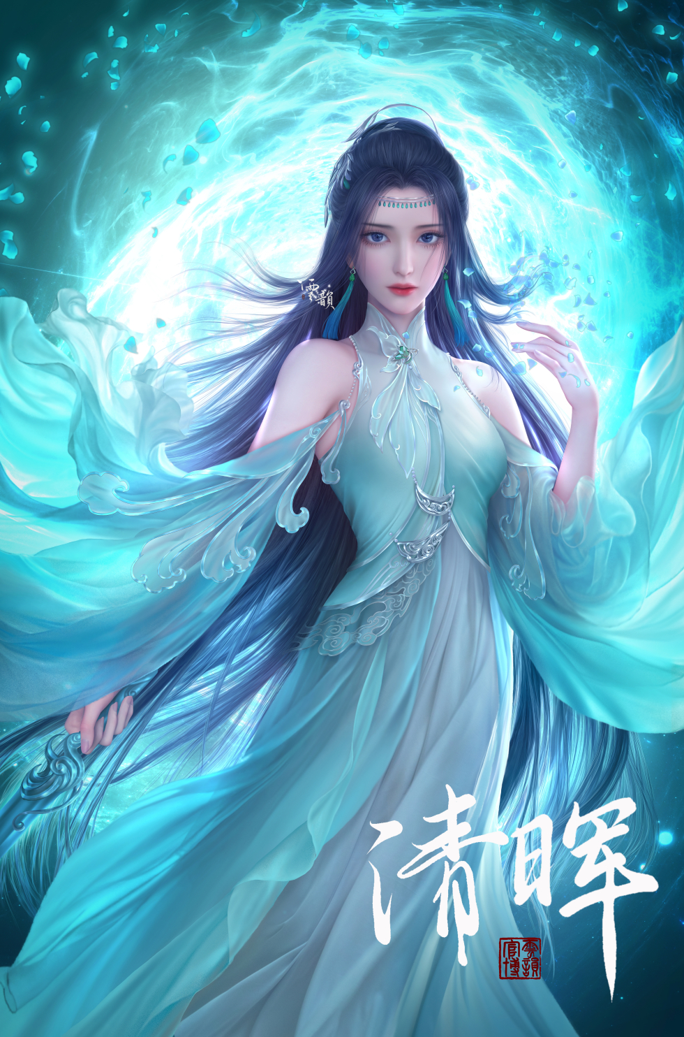 1girl black_hair blue_dress collared_dress dacong_jun detached_sleeves doupo_cangqiong dress earrings hair_ornament hand_up highres holding holding_sword holding_weapon jewelry light long_hair petals second-party_source solo sword tassel tassel_earrings water weapon yun_yun_(doupo_cangqiong)