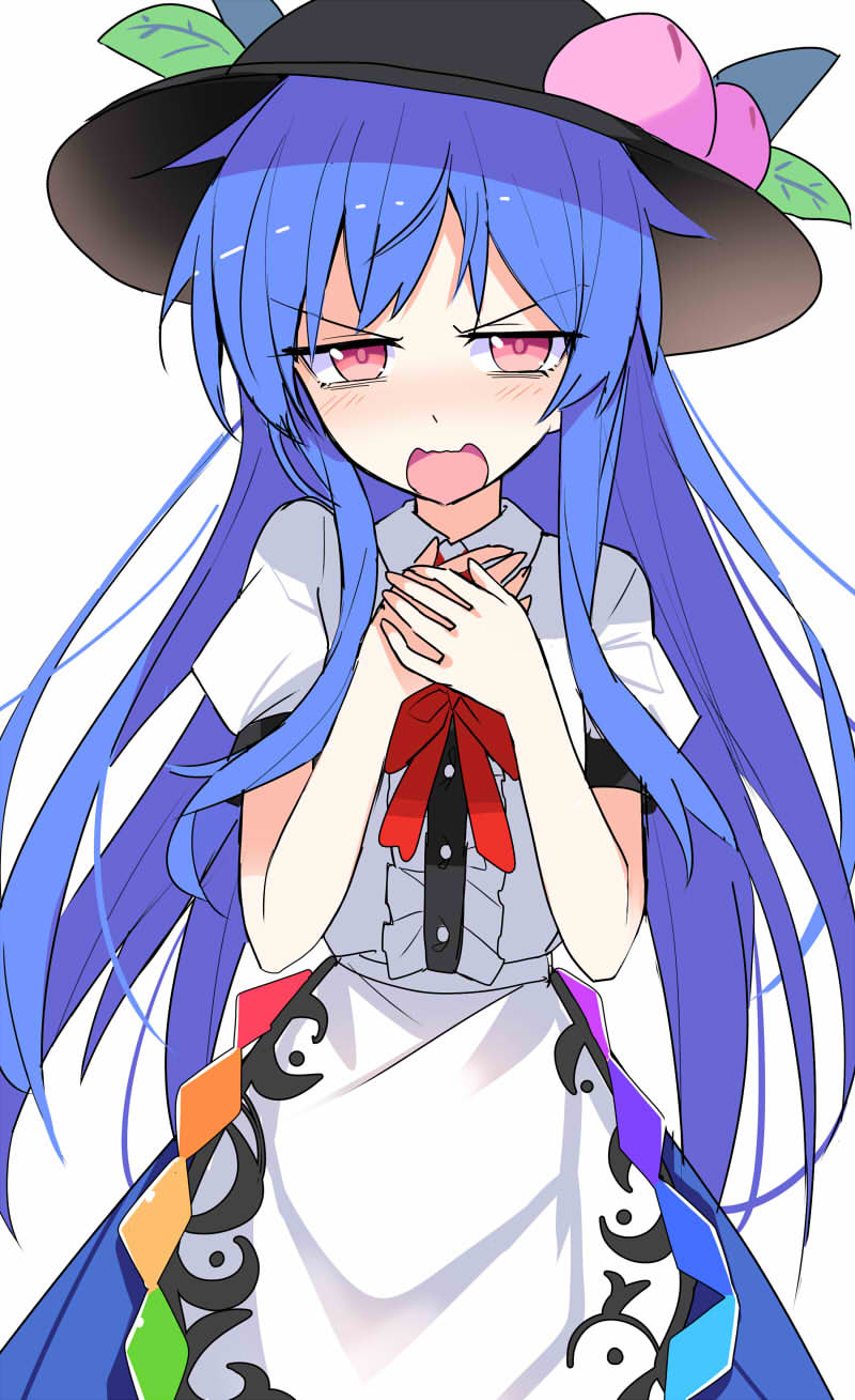 1girl black_headwear blue_hair blue_skirt blush buttons center_frills collared_shirt e.o. food frills fruit hat highres hinanawi_tenshi long_hair open_mouth peach puffy_short_sleeves puffy_sleeves rainbow_order red_eyes shirt short_sleeves simple_background skirt solo touhou upper_body white_background white_shirt