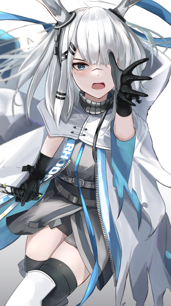 1girl alternate_costume animal_ears arknights black_gloves depayama_(depaty) frostnova_(arknights) gloves grey_hair grey_shirt hair_ornament hair_over_one_eye hairclip jacket open_clothes open_jacket open_mouth rabbit_ears scar scar_on_face scar_on_nose shirt skirt thigh-highs white_jacket