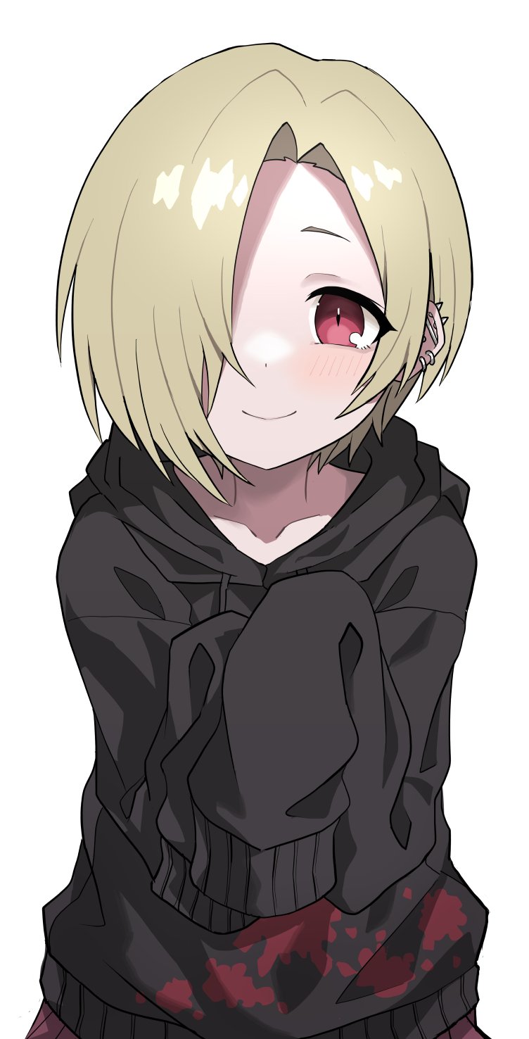 1girl black_shirt blonde_hair blush collarbone ear_piercing earrings hair_over_one_eye halulu highres hooded_shirt idolmaster idolmaster_cinderella_girls jewelry looking_at_viewer one_eye_covered piercing red_eyes shirasaka_koume shirt simple_background sleeves_past_fingers sleeves_past_wrists smile solo splatter_print upper_body white_background