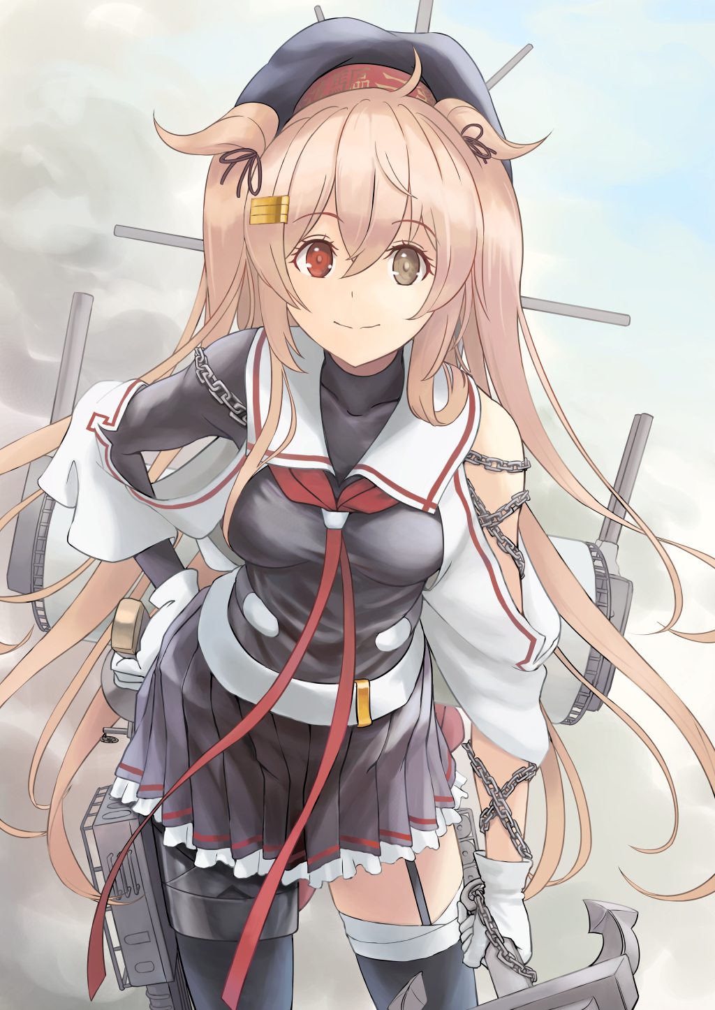 1girl anchor asymmetrical_clothes belt black_legwear black_serafuku black_skirt breasts brown_eyes cannon clouds cloudy_sky flail frills gloves gradient_hair hair_between_eyes hair_flaps heterochromia highres kantai_collection light_brown_hair long_hair machinery multicolored_hair murasame_(kancolle) murasame_kai_ni_(kancolle) neckerchief outdoors pleated_skirt red_eyes red_neckerchief school_uniform serafuku skirt sky small_breasts smile solo taruya thigh-highs torpedo_launcher turret two_side_up weapon white_gloves