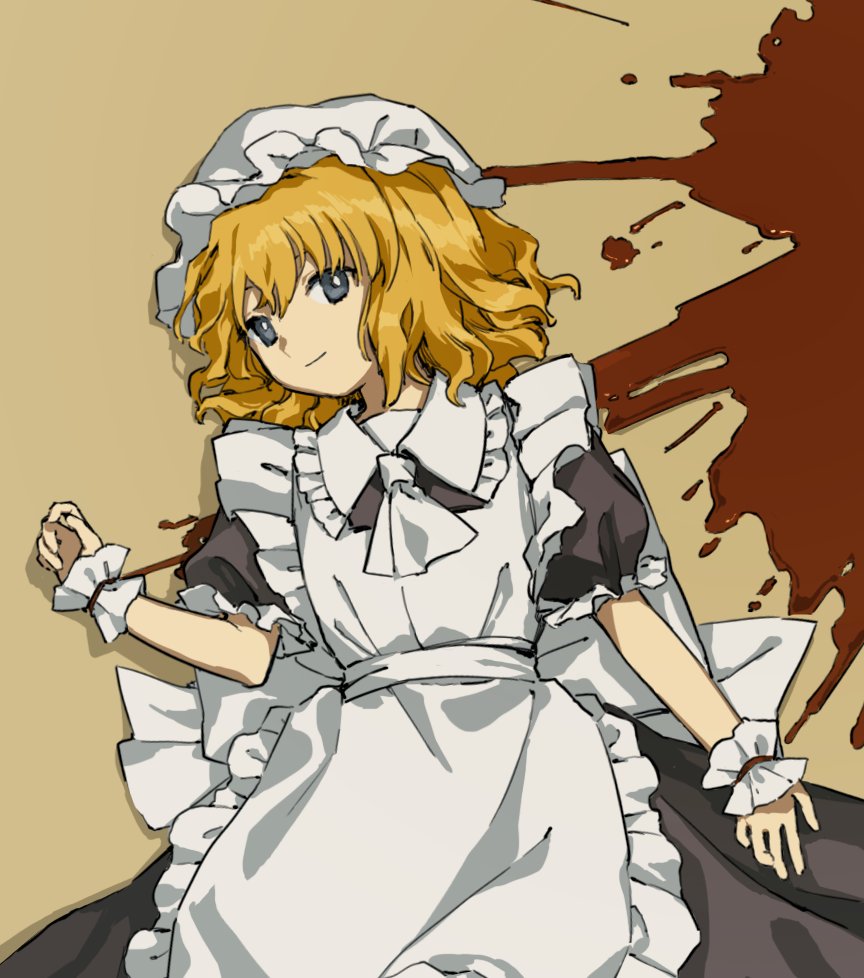 1girl ambiguous_red_liquid apron ascot back_bow black_dress blonde_hair bow cleaning_maid_(touhou) closed_mouth collared_dress dress flat_chest frilled_dress frilled_sleeves frills grey_eyes happy hat kaigen_1025 lying maid_apron mob_cap on_back on_floor portrait_of_exotic_girls puffy_short_sleeves puffy_sleeves short_hair short_sleeves smile touhou waist_bow white_apron white_ascot white_headwear wrist_cuffs