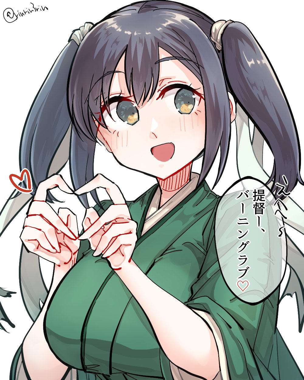 1girl blue_hair breasts green_eyes green_kimono hair_ribbon heart heart_hands highres japanese_clothes kantai_collection kimono large_breasts looking_at_viewer matsunaga_(haku) open_mouth ribbon shirt simple_background smile solo souryuu_(kancolle) speech_bubble twintails twitter_username upper_body white_shirt